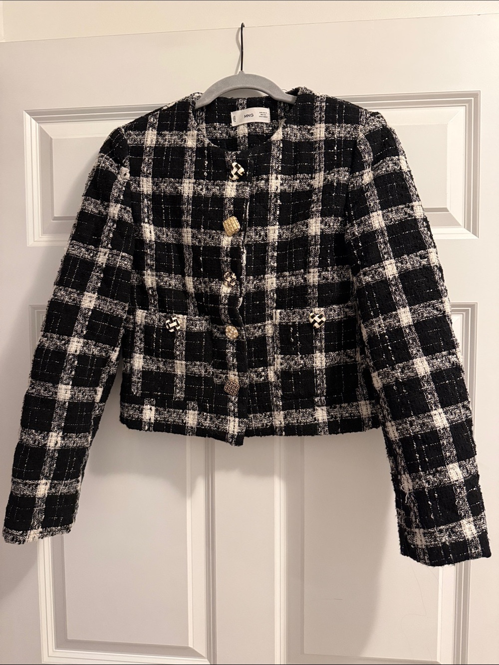 Mango Black & White Plaid Tweed Jacket with Gold Buttons